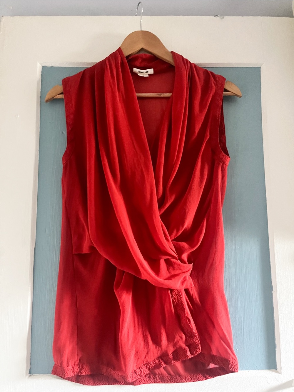 Designer Helmut Lang Red Silk Draped Kimono Blouse Size P